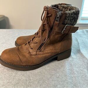 Brown Faux Suede Lace Up Combat Boots with Sweater Knit Collar Size 7